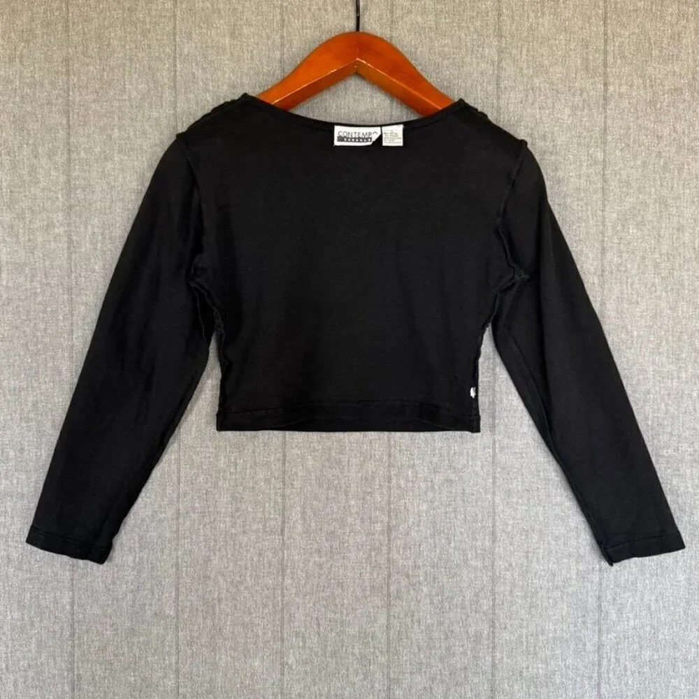 80s Rare Vintage Contempo Casuals Beaded Bust Black Long Sleeve Crop Top Size M